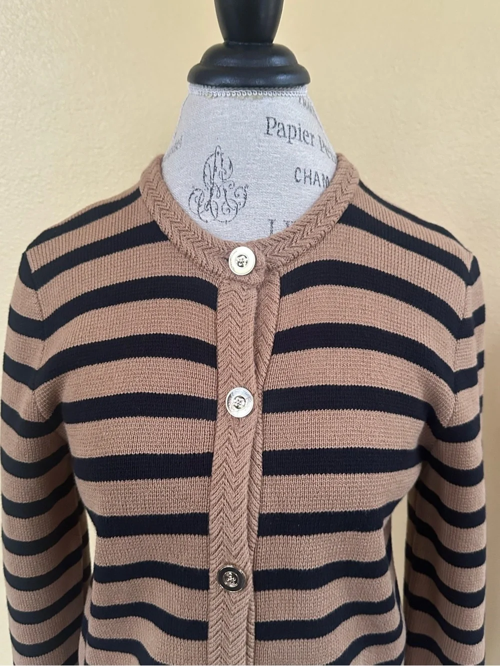 J.Crew Striped Cotton Lady Jacket Cardigan Sweater Camel/Black Small Like New!